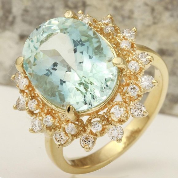 Jewels by David Lloyd - 14K Yellow Gold Ring With Aquamarine  7.59 Ct Aquamarine & Diamond 14KY Gold Ring